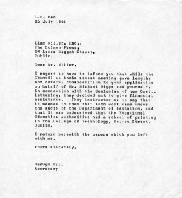 Letter from Mervyn Wall, Secretary to the Arts Council to Liam Miller of the Dolmen Press
